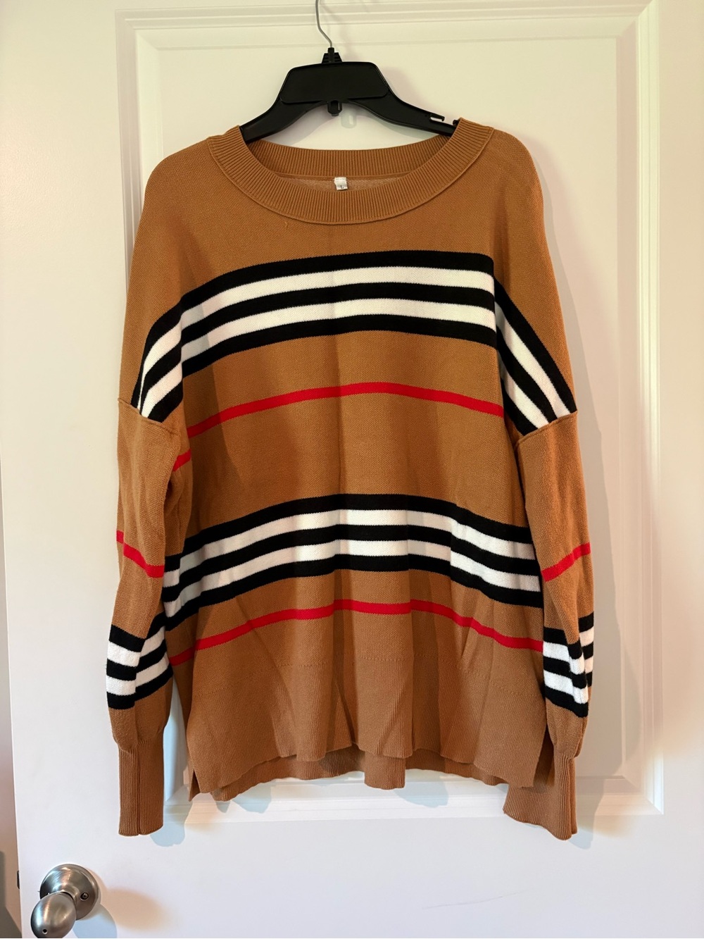 Striped Camel Crewneck Sweater - Casual Women's Knit
